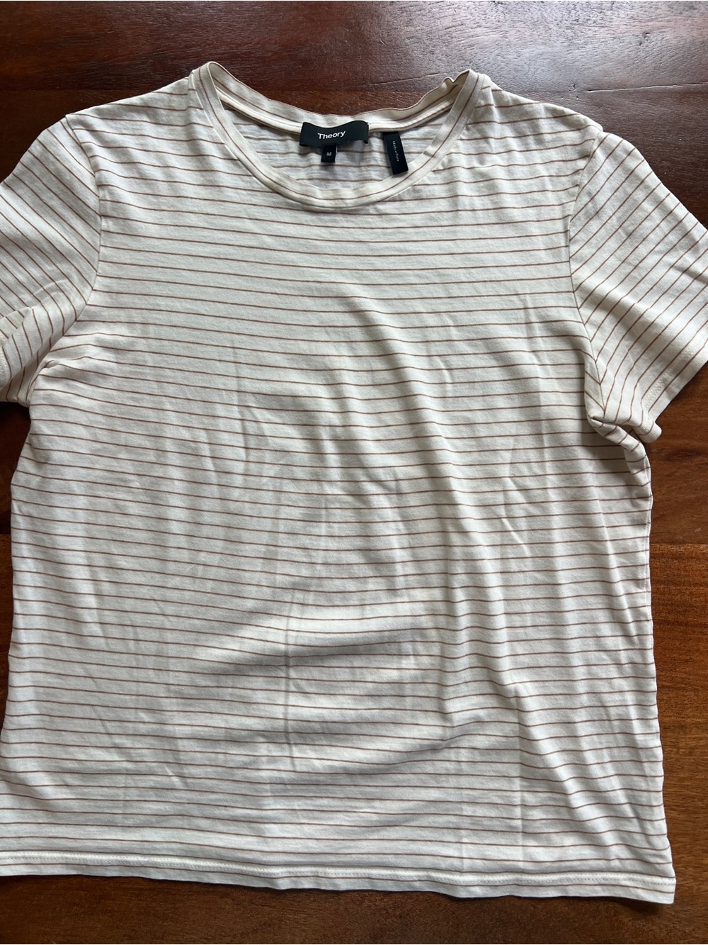 Theory women’s  White/Brown Striped Crew Neck Short Sleeve Organic Cotton Tee M